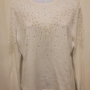 CARMEN MARC VALVO Off White Gold Embelished Sweater